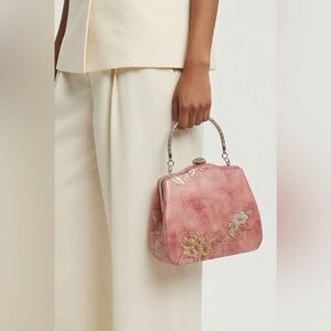 Vintage Inspired Pink Floral Embroidered Top-Handle or Chain Clutch NWOT
